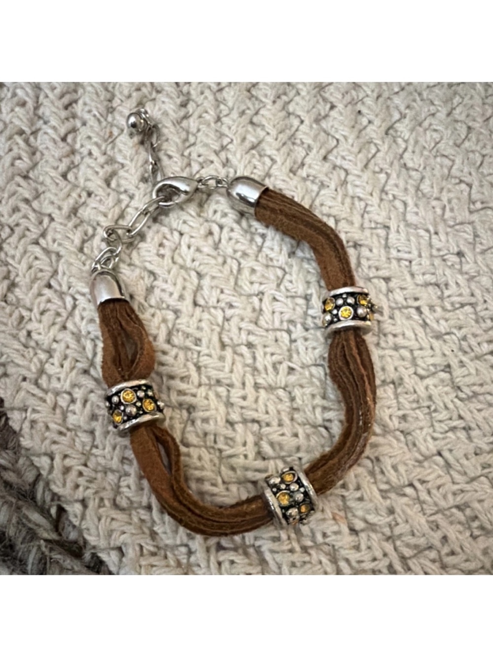 Brown Suede Cord Bracelet with Yellow Crystal Accent Beads